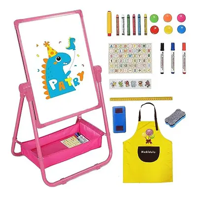 Kids Whiteboard 63cm-107cm Adjustable Rotating-Double Sided Iron Kids Easel-with Apron, Alphabet