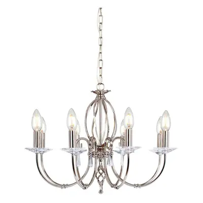 8 Bulb Chandelier Cut Glass Droplets Curved Stem Polished Nickel LED E14 60W