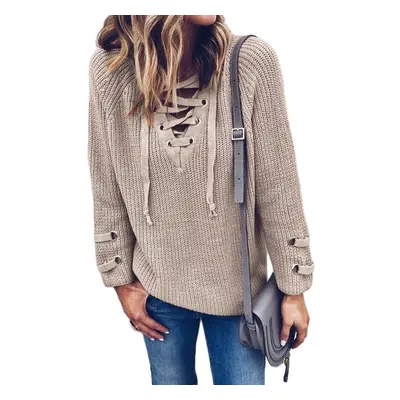 (Camel, L) Women V Neck Knitted Sweater Striped Bandage Cross Ties Pullover Loose Casual Long Ju