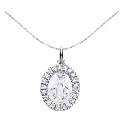 Jewelco London Ladies Sterling Silver Cubic Zirconia Oval Halo Madonna Miraculous Medallion Neck