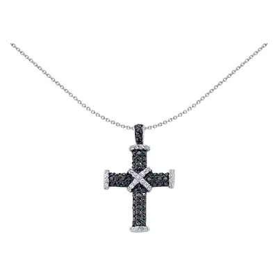 Jewelco London Ladies Sterling Silver Black Cubic Zirconia Pave Cross Pendant Necklace inch - GV