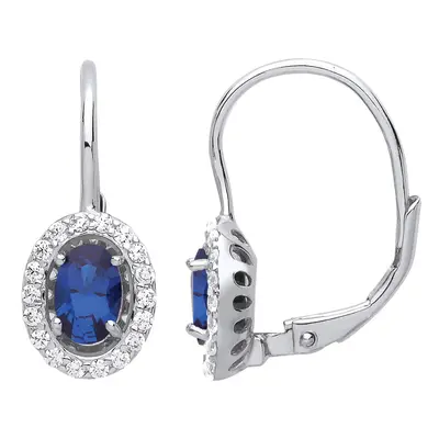 Jewelco London Ladies Sterling Silver Sapphire-Blue Oval Cubic Zirconia Solitaire Halo Drop Earr