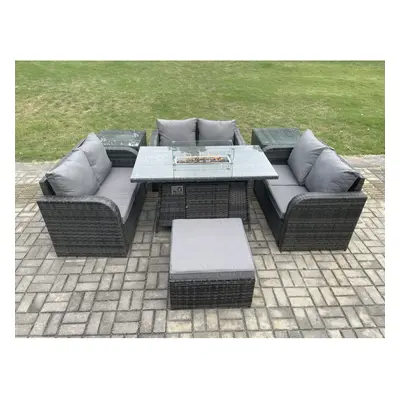 Fimous Rattan Outdoor Garden Furniture Sofa Set Gas Fire Pit Dining Table Gas Heater with Side T