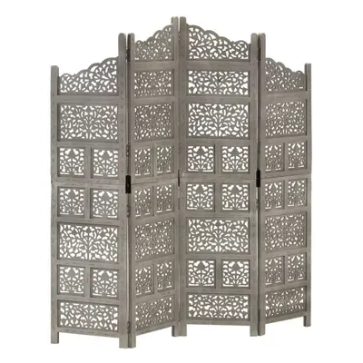 vidaXL Solid Mango Wood Hand carved 4-Panel Room Divider Grey Privacy Screen