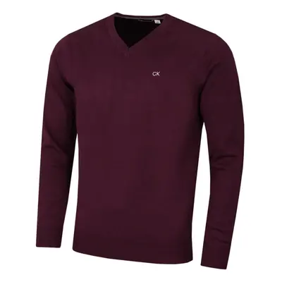 (L, French Burgundy) Calvin Klein Mens V-Neck Soft Cotton Easy Care Golf Sweater