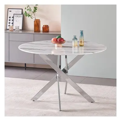 Amara 100cm Round Glass Marble Top Dining Table Silver Legs