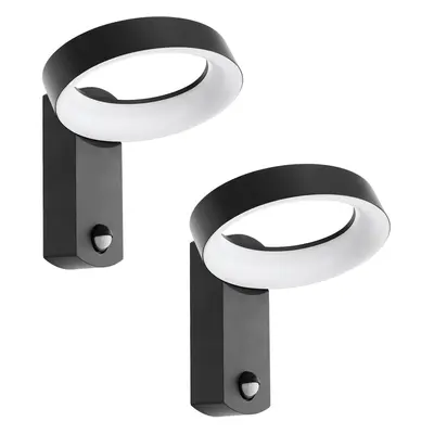 2 PACK IP44 Outdoor Wall Light & PIR Sensor Anthracite Ring Lamp 11W LED