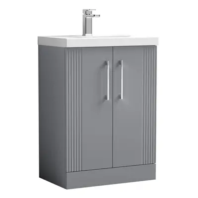 Retro Door Floor Standing Vanity Unit with Mid-Edge Tap Hole Ceramic Basin - 600mm - Satin Grey 