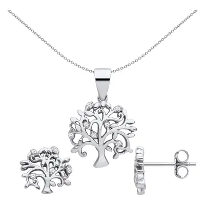 Jewelco London Ladies Rhodium Plated Sterling Silver CZ Fruitful Tree of Life Earrings Necklace 