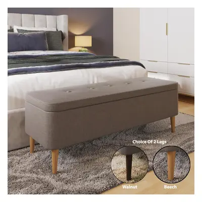 Grey Linen Ottoman Storage Bench Solid Wooden Legs