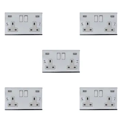 5 PACK Gang Double UK Plug Socket & 2.1A USB-A CHROME & GREY 13A Switched