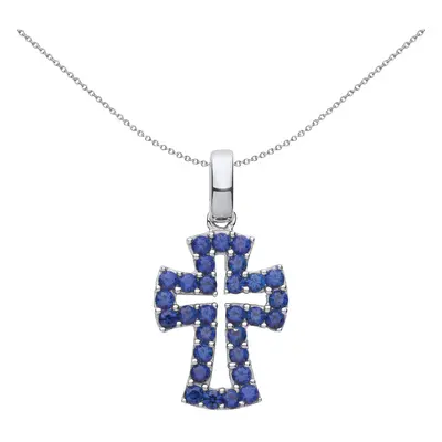 Jewelco London Unisex Rhodium Plated Sterling Silver Blue CZ Graduated Serif Byzantine Cross Pen