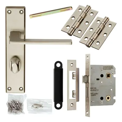 Door Handle & Bathroom Lock Pack Satin Chrome Flat Arm Square Thumb Backplate