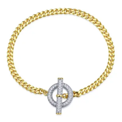 Jewelco London 14k Gold-plated Silver Round CZ Encrusted T-Bar Ring Curb Link Toggle Bracelet - 