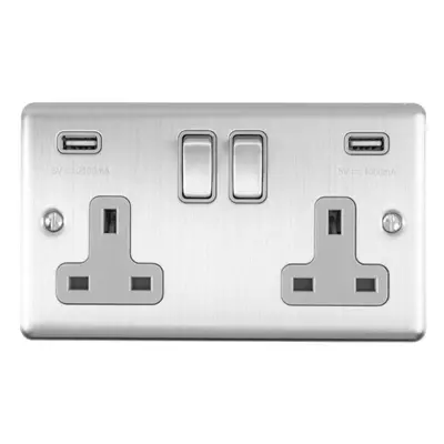 2 Gang Single UK Plug Socket & Dual 2.1A USB SATIN STEEL & Grey 13A Switched