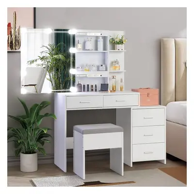 LED Bulb Mirrored Dressing Table Vanity Set W/ Stool Drawers Shelves