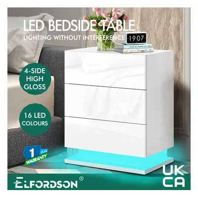 ELFORDSON Bedside Table RGB LED Nightstand Drawers Side High Gloss White