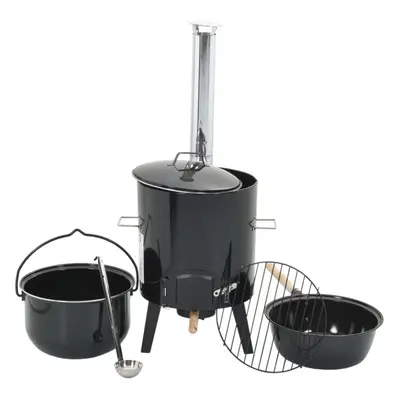 vidaXL Goulash Cannon with Chimney and Lid Outdoor Grill Black Enamelled Steel