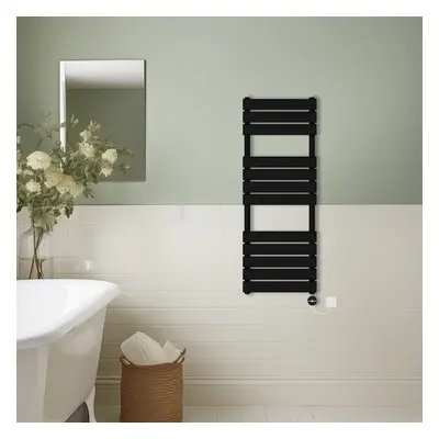 (Black, 1200x450mm) Prefilled Thermostatic Electric Flat Panel Heated Towel Rail Ladder Warmer R