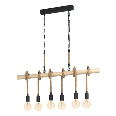 Hanging Ceiling Pendant Light Black & Wood / Rope 6x E27 Kitchen Island Lamp