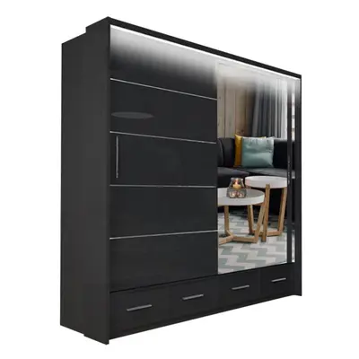 (Black, 208cm) MN FURNITURE High Gloss Sliding Mirror Wardrobe