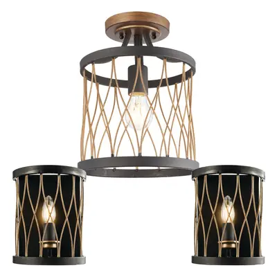 Ceiling Lamp & 2x Matching Wall Light Bronze Matt Black Metal Vintage Bulb Cage