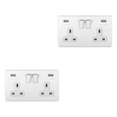 2 PACK Gang Double 13A UK Plug Socket & 2.1A USB-A SCREWLESS MATT WHITE