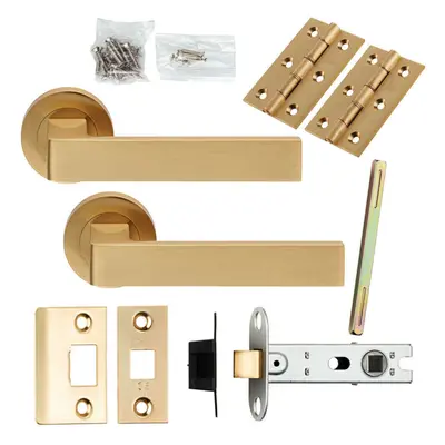 Door Handle & Latch Pack Satin Brass Straight Lever Screwless Round Rose