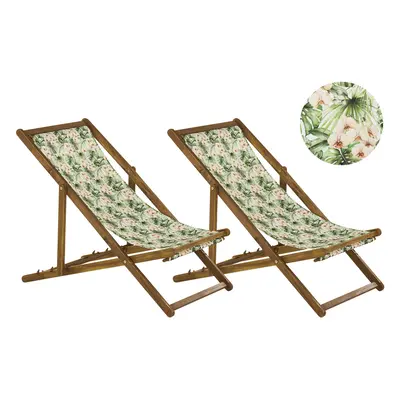 Set of Acacia Folding Deck Chairs and Replacement Fabrics Light Wood with Off-White / Floral Pat