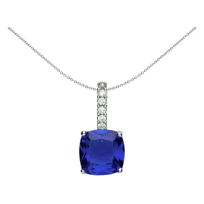 Jewelco London Ladies Sterling Silver Sapphire-Blue Cushion Cubic Zirconia Drop Pendant Necklace