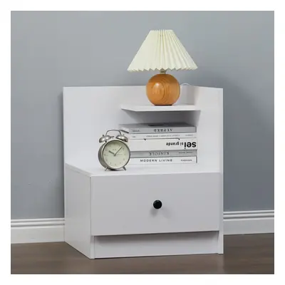 (White) Urban Style Bedside Table with Drawer and Open Shelf Wooden Nightstand