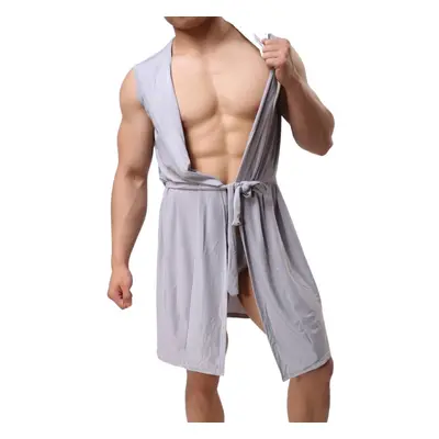 (Gray, M) Men Sexy Bathrobe Ice Silk Hooded Pajamas