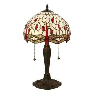 Tiffany Glass Table Lamp Light Dark Bronze & Cream Red Dragonfly Shade i00189