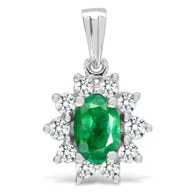 Jewelco London 18ct White Gold H I1 0.26ct Diamond and Oval Green 0.5ct Emerald Royal Cluster Cl