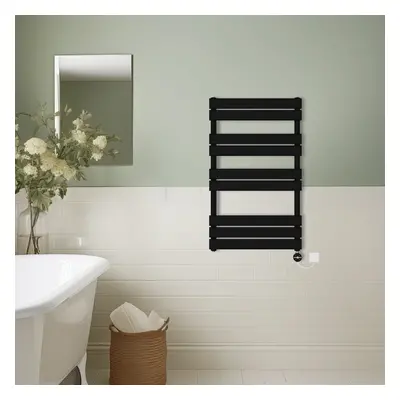 (Black, 1000x600mm) Prefilled Thermostatic Electric Flat Panel Heated Towel Rail Ladder Warmer R