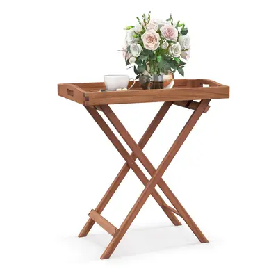 Wooden Side Table Folding w/ Detachable Tea Tray & X-shaped Frame