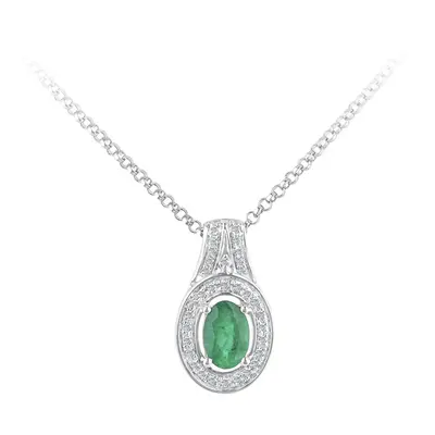 Jewelco London 18ct White Gold Round 8pts Diamond Oval 0.35ct Emerald Cluster Pendant Necklace i