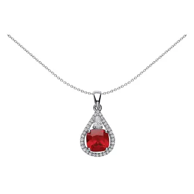 Jewelco London Ladies Sterling Silver Ruby-Red Cushion Cubic Zirconia Halo Teardrop Pendant Neck