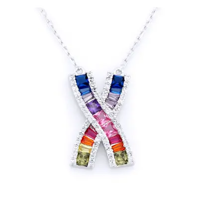 Jewelco London Rhodium Silver Rainbow Princess Baguette CZ Crossroads Channel Kiss Pendant Neckl