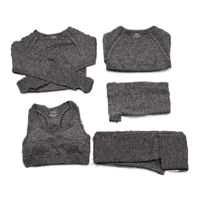 (Dark Grey, 5Pcs Set) Women Seamless Yoga Set Gym SportWear Running Outwork Fitness Long SLeeve 