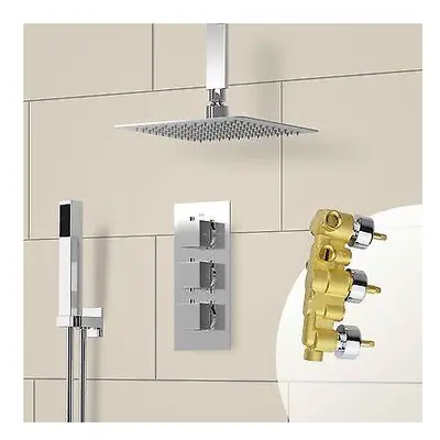 Slim Square Ceiling Head Concealed Thermostatic Shower Mixer Valve Chrome