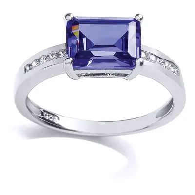 (Q) Jewelco London Ladies Rhodium Sterling Silver Purple Emerald Cut CZ Shoulder-Set Claw Solita