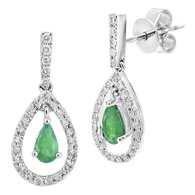 Jewelco London 18ct White Gold Round 20pts Diamond Pear 0.35ct Emerald Teardrop Drop Earrings - 