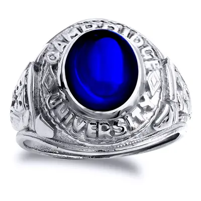 (X) Jewelco London Mens Rhodium Plated Sterling Silver Blue Oval Cubic Zirconia Cabochon College