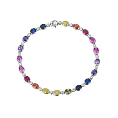 Jewelco London Rhodium Silver Rainbow Oval CZ Alternating Bezel Halo Raindrop Tennis Bracelet - 