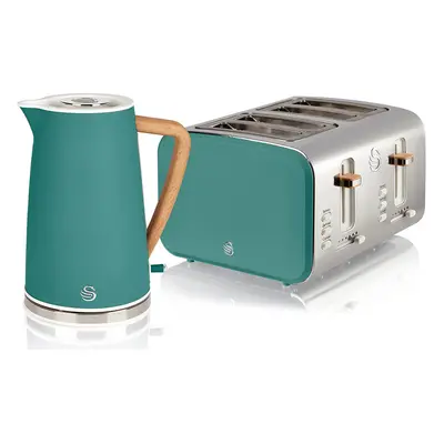 (Green, Kettle & Slice Toaster) Swan Nordic Cotton White Kitchen Set with 1.7 Litre Kettle and S