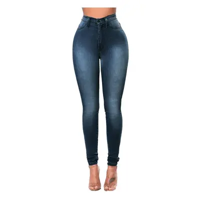 (Dark Blue, L) Women Skinny Denim Jeans Classic High Waist Washed Slim Pants Tights Pencil Trous