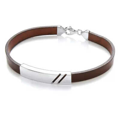 Jewelco London Mens Chocolate Brown Leather Stainless Steel Flat ID Plate Double Groove Strap Br