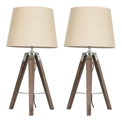 Pair of - Modern Distressed Wood and Silver Chrome Tripod Table Lamps with Beige Tapered Light S