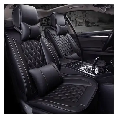 (Black) Deluxe Universal Seats Car Seat Cover PU Leather Front + Rear Cushion with Pillow